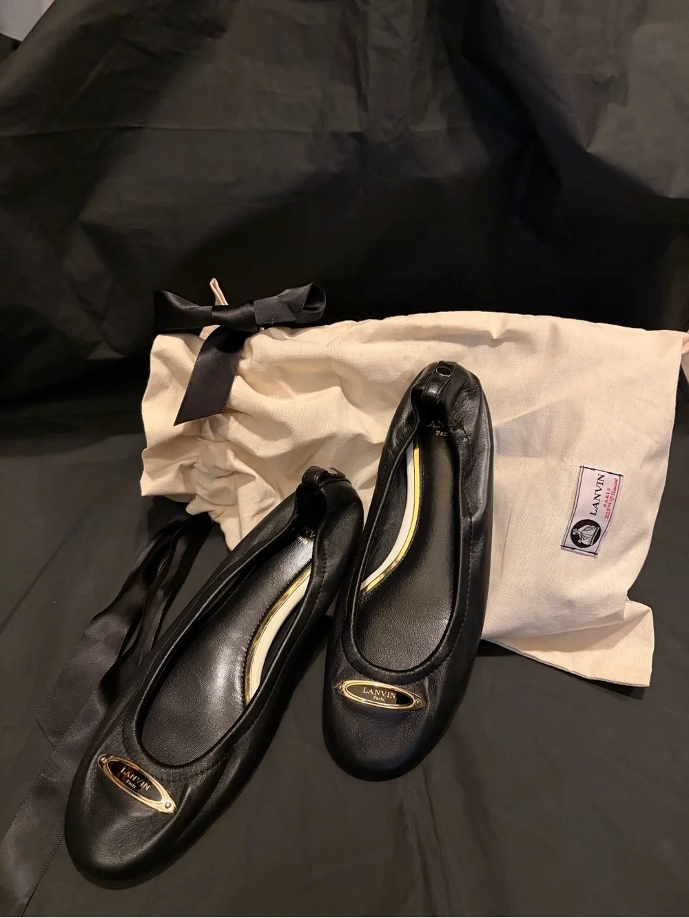 Lanvin Black Leather Ballet Flats with Gold Plaque